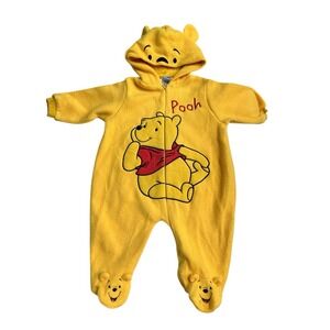 Y2K? Winnie The Pooh Hooded Fleece One Piece Zippered Baby Romper 0 to 3 Months